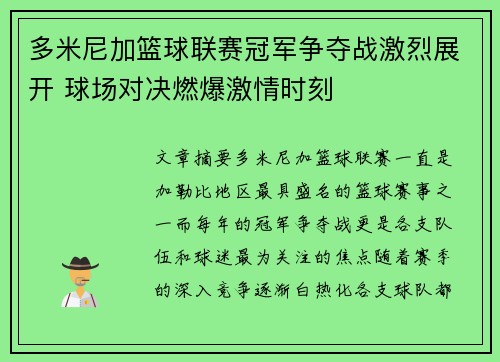 多米尼加篮球联赛冠军争夺战激烈展开 球场对决燃爆激情时刻