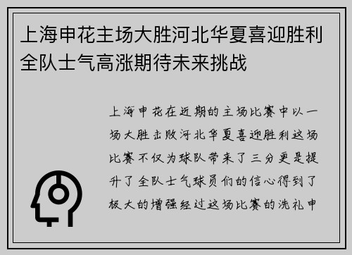 上海申花主场大胜河北华夏喜迎胜利全队士气高涨期待未来挑战