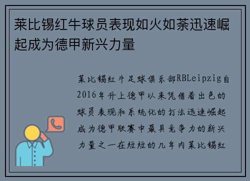 莱比锡红牛球员表现如火如荼迅速崛起成为德甲新兴力量