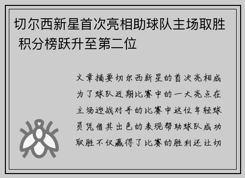 切尔西新星首次亮相助球队主场取胜 积分榜跃升至第二位