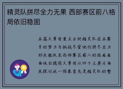 精灵队拼尽全力无果 西部赛区前八格局依旧稳固